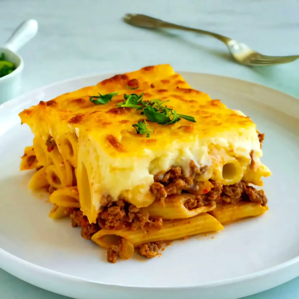 معكرونة بالباشاميل باللحم المفروم